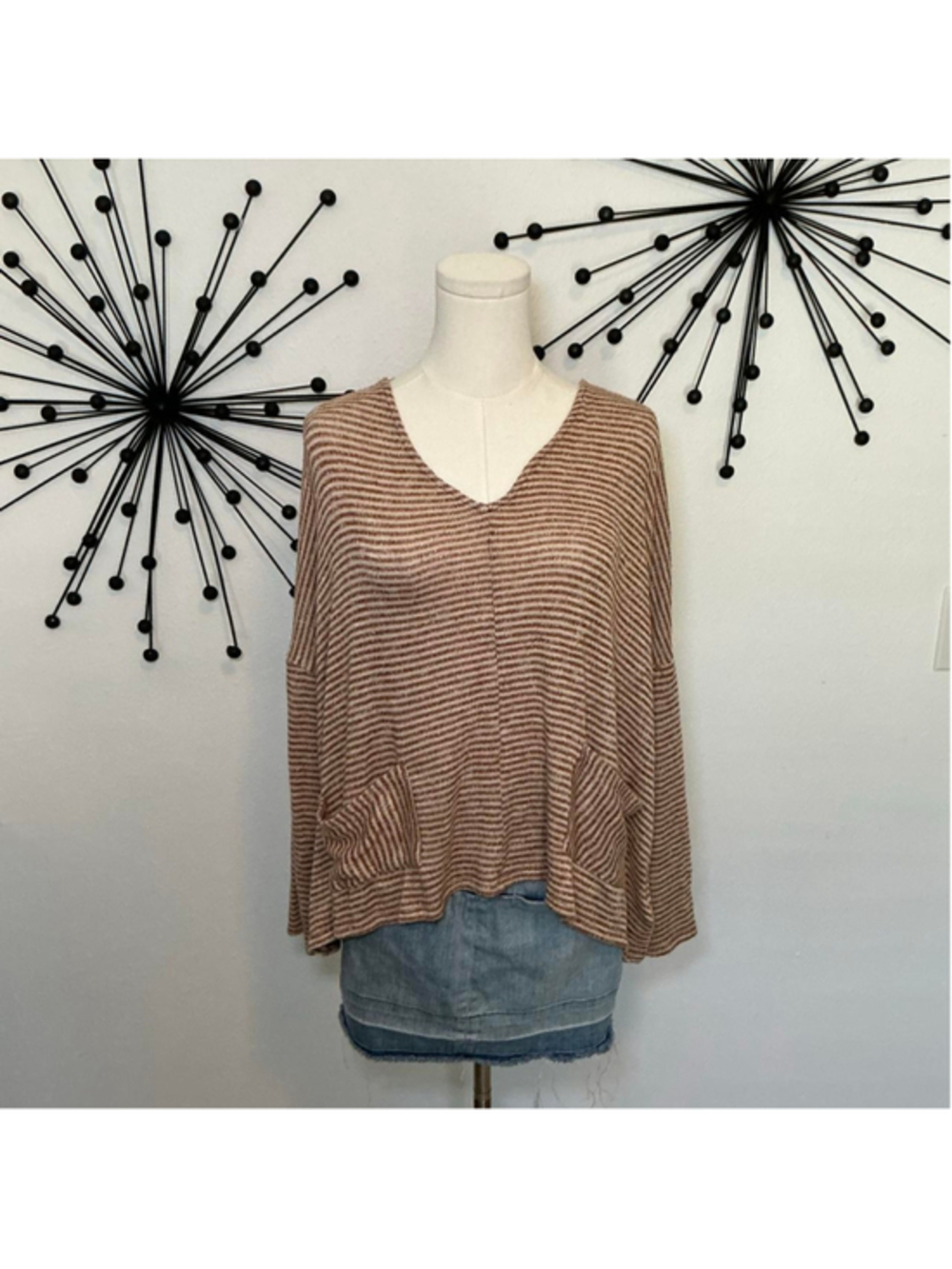 BDG Oversized Striped Knit Sweater Top Brown Cream Pocket Pullover Size Small
